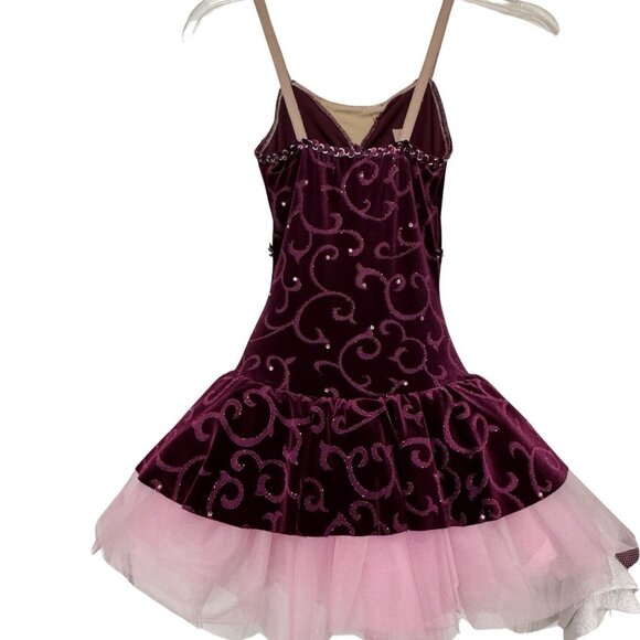 Ballet Dance Dress Costume‎ Girls 6/8 Yrs Burgundy Velvet Rhinestone Swirls Tutu - Picture 3 of 14